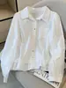 Recomendado para coleção pessoal~Outono 2026 Camisa de Manga Longa Azul Islândia para Mulheres, Gola Lapela, Caimento Solto, Acabamento com Babados, Camisa Patchwork