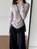 Camiseta de manga larga de color liso con cuello enrollado para mujer, primavera, verano, otoño, algodón copo de nieve, delgada, corte ajustado, camiseta básica, top protector solar