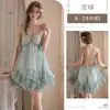 Pijama Sexy Kameixue Estilo Francés Chica Mariposa Deseo Puro Hueco Vestido Corto de Tirantes con Volantes 2323