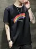 Marca de Moda Wukong Goods Estilo Hong Kong Estampado Arcoíris Manga Corta para Hombre Hip-hop Street Holgado Ins Versátil Camiseta Superior de Pareja