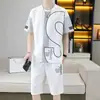 Conjunto de Malha Waffle Masculino Manga Curta Duas Peças Casual Gola Redonda Tendência Estilo Coreano Shorts Largos Plus Size Um Conjunto Completo Estudante