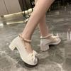 Sapatos Mary Jane de couro para mulheres 2022 primavera e verão novo laço corrente de pérolas estilo francês para vestido salto plataforma salto alto para mulheres
