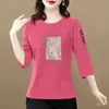 Comércio Exterior Transfronteiriço Último Estoque Mãe Meia-idade e Idosos Solto Manga de Sete Pontos Camiseta Casual Emagrecedor Estilo Chinês Top Estampado