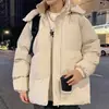 Chamarra de algodón con relleno de plumas para hombre, marca moderna estilo americano, modelo nuevo de invierno, color liso, cálida, con capucha, gruesa, corte holgado