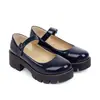 Novos sapatos de bico redondo em couro envernizado de boca rasa, camada única, com fivela, salto médio grosso, tamanhos grandes 40-43, sapatos femininos de comércio exterior da Amazon
