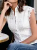 Camisa sin mangas de encaje con cuello alto para mujer, top chaleco de encaje calado vintage, blusa de corte ajustado con pliegues y un solo botón