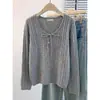 Suéter de punto para mujer con cuello en V y patrón trenzado, cordón, lazo, atado, top de suéter holgado y adelgazante, moda otoño 2026