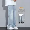 Jeans azules claros para hombre, pantalones largos casuales de moda estilo americano, nuevos pantalones de pierna ancha rectos finos de seda helada de verano para hombre
