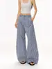 Directo del fabricante: Pantalones de cuadros azules holgados con pliegues estilo americano, pantalones casuales ligeros para mujer, pantalones casuales holgados de pierna ancha para verano