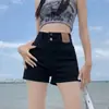 Shorts de mezclilla elástica estilo retro americano para mujer, de tiro alto, adelgazantes, ajustados al cuerpo, estilo 'hot girl', de pierna recta, línea A, hot pants para verano
