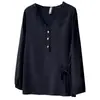 Blusa de otoño para mujer talla grande, nuevo diseño, elegante, con encaje, cuello en V, cinturón para atar, manga larga, talla grande, camiseta básica 0758