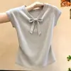 Suéter Tejido de Manga Corta con Lazo Suave Estilo Francés para Mujer, Nuevo Estilo de Verano, Top Sencillo de Cuello en V Ajustado