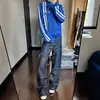 Jeans azules de estilo americano para hombre con bordado de letras en la calle, pantalones largos negros de corte slim, holgados, rectos, modernos, con un ligero ensanchamiento