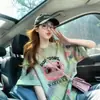 Camiseta Holgada de Algodón Puro con Teñido Anudado de Estilo Chino Moderno para Mujer, Genial Graffiti de Dibujos Animados de Longitud Media, Ropa de Calle Versátil para Exterior