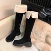 Versión de Piel de Oveja~Nuevas Botas de Lana de Cordero de Tacón Grueso de Media Caña Altas Hasta la Rodilla para Mujer Otoño e Invierno Botas Elásticas