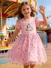 Vestido de Princesa de Malla con Estampado de Unicornio y Corazones de Colores para Niñas, Nuevo Estilo de Verano, Vestido Dulce con Mangas de Mariposa Arcoíris para Niños