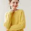Suéter de Cashmere Engrossado com Gola Redonda para Mulheres, Caimento Solto, Padrão Torcido, Estilo Curto, Elegante Pulôver de Cashmere Liso, Malha Básica