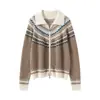 Cardigã de Caxemira Feminino 100% Caxemira Pura Novo Casual Retrô Casual Combinação de Cores Gola Lapela Jaqueta Suéter de Tricô