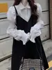 Vestido de dos piezas para mujer transfronterizo europeo y americano, camisa blanca de manga larga con solapa, vestido de tirantes negros al por mayor