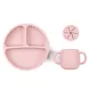 Plato con Ventosa Resistente a Caídas, Tenedor, Cuchara y Taza de Silicona de Grado Alimenticio Transfronterizo, Set con Babero de Silicona