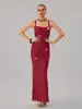Vestido de Noche Largo de Estilo Europeo y Americano, Alto Brillo, Adornado con Diamantes, Tirantes Finos, Corte Entallado, Escote Cuadrado Sofisticado y Diseño que Ceñe la Cintura para un Efecto Adelgazante