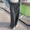 Calça Wide Leg Cinza Listrada Retro com Cintura Elástica e Cordão para Mulheres 2026 Nova Coleção Primavera/Verão Cintura Alta Solta Casual