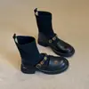 Botas calcetín de punto elástico estilo Chanel con hebilla metálica para mujer, botines cortos ajustados versátiles de punta redonda, botas estilo Martin de suela gruesa