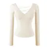 Camiseta sexy de manga larga, escote en V profundo, acolchada, sin espalda, con tiras cruzadas, top básico liso ajustado, novedad de otoño