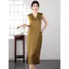 Vestido Sencillo de Cuello en V con Textura Plisada de Ácido Acético Vintage con Abertura Lateral Elegante Suelto de Satén Sin Mangas Falda para Verano