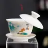 Gaiwan de Porcelana Blanca Yuerui Dehua, Tazón de Té Gongfu de Cerámica Colgante tipo Jade de Tres Piezas, Taza de Té Grande para el Hogar Antiescaldante con Asa Colgante