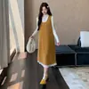 Ropa de maternidad para otoño e invierno: conjunto de dos piezas nuevo: falda de tirantes de perlas + camisa base de cuello semialto, falda larga de lana que disimula el abdomen y estiliza