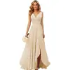 Vestido de Noche Transfronterizo 2026 Estilo Nuevo Cuello en V Plisado Abertura Corbata Largo Gasa Vestido para Fiesta de Navidad Comercio Exterior