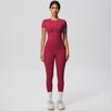 Traje de Yoga de Manga Corta Ajustado y Desnudo de Color Puro Europeo y Americano, Pantalones de Fitness Levanta Glúteos de Cintura Alta, Traje Deportivo para Correr de Secado Rápido