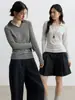 Camiseta Básica de Lana Acetato Tencel para Mujer con Cuello de Solapa, Elegante Camiseta de Manga Larga, Tejido de Punto a Rayas Otoño/Invierno, Agradable al Tacto, Corte Ajustado
