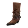Botas western estilosas estilo britânico de 5cm, novo modelo outono/inverno 2026, bico fino, salto grosso, botas de montaria plissadas acima do joelho