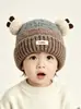 Gorro de punto de dos pompones con bloques de color de panda para niños, otoño e invierno, unisex, gorro de lana con bloques de color para bebé, lindo pompón, cálido para bebés