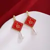 Pendientes de Perla Diamante Rojo Festivo Chino Nuevo Aguja de Plata Otoño e Invierno Año Nuevo Carácter Feliz Pendientes Lisos Elegantes Clip para Oreja para Mujer