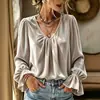 2026 Europeo y Americano Transfronterizo Otoño e Invierno Amazon Nuevo Terciopelo Versátil Cuello en V Plisado Holgado Color Sólido Manga Larga Camisa Mujer