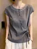 Camisa feminina cinza de cadarço, manga curta, nova moda verão 2026, design que rejuvenesce e emagrece, top com acabamento em renda