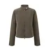Jaqueta de Couro Cinza-Verde Marrom Vintage Qiaomi com Gola Alta Slim Fit para Mulheres, Casaco Curto de Couro Versátil Emagrecedor para Outono