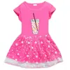 Nuevo Vestido de Niña Transfronterizo 2023 Algodón Estampado 3D Dibujos Animados Estrella Luna Malla Manga Corta Vestido de Princesa