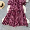 Vestido Longo Estampado Soltinho Manga Longa Estilo Dama Francesa para Mulheres Primavera Outono Amarração na Cintura Ajuste Cintura Saia Longa Evasê Saia Elegante Emagrecedora