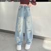Jeans Naranja Tigre para Niñas Primavera y Otoño 2026 Nuevos Elegantes Casuales de Pierna Recta para Niños Mayores Primavera Pantalones Sueltos Rasgados