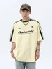 Camiseta Informal de Manga Corta con Estampado de Letras y Parches Estilo Americano para Hombre, Verano, Algodón Puro, Holgada, Manga Media, Camiseta de Pareja