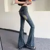 Jeans Lavados Retro Elásticos Ajustados Micro Campana Desgastados Retro Cintura Alta Adelgazantes