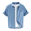 Camisa de Manga Corta Sencilla de Verano Versátil con Bordado de Oso para Hombre Estilo Japonés Casual Refrescante Camisa de Mezclilla Tencel C614