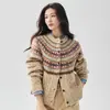 Casaco de tricô Fair Isle retrô de peso pesado, feminino, de manga comprida, gola redonda, corte solto e estilo descontraído, em cashmere