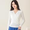 Yuyue Primavera e Verão Seda de Amora Canelada Cor Pura Camiseta de Manga Longa Feminina Simples Casual Slim Fina Top Feminino
