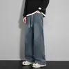 Jeans estilo americano de perna reta com forro de fleece para homens, calça grossa para outono e inverno, marca de moda unissex high street, corte solto, tamanho grande