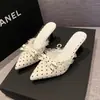 Zapatos de tacón alto de punta con encaje estilo francés en forma de pétalo de mariposa, nueva colección de verano, sandalias dulces de lunares